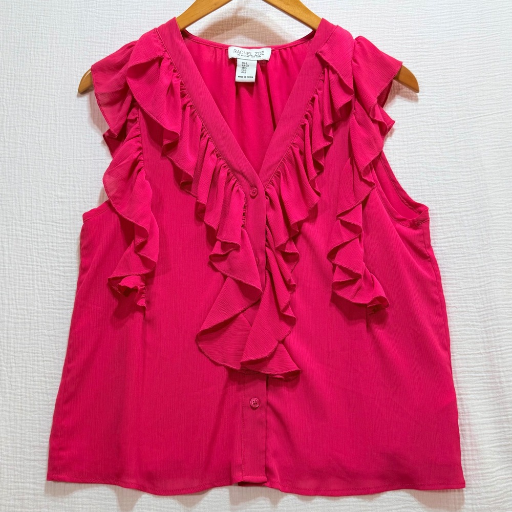 Rachel Zoe Ruffle Top Womens S Pink Sleeveless V-Neck Button Front Barbiecore